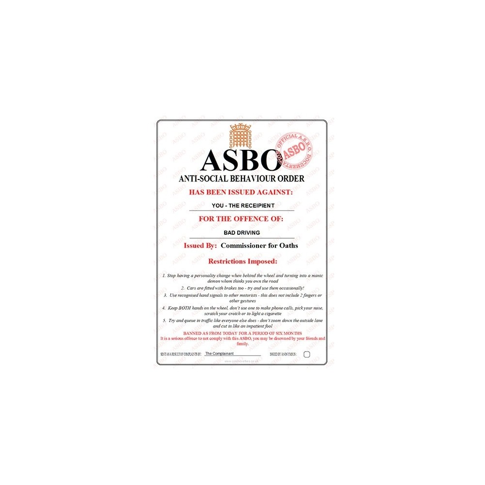 Novelty ASBO Certificate for the Offence of:  Bad Driving