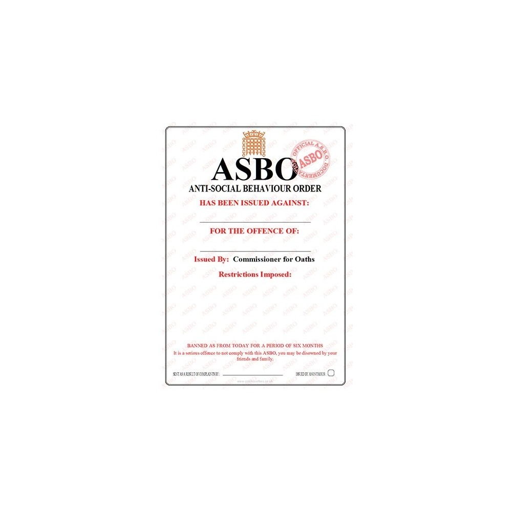 Novelty ASBO Certificate Pack:  Blank Pack of 2 (DIY)