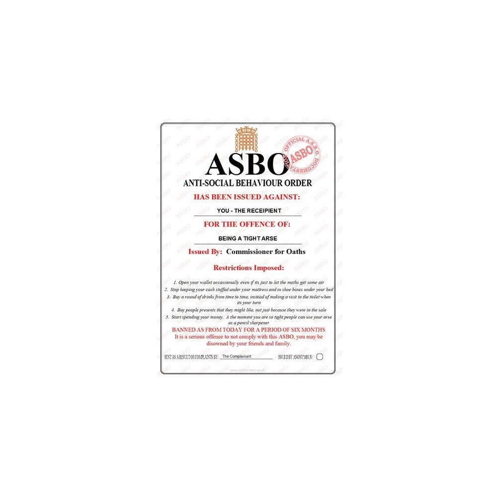 Tight Arse - Novelty ASBO Certificate
