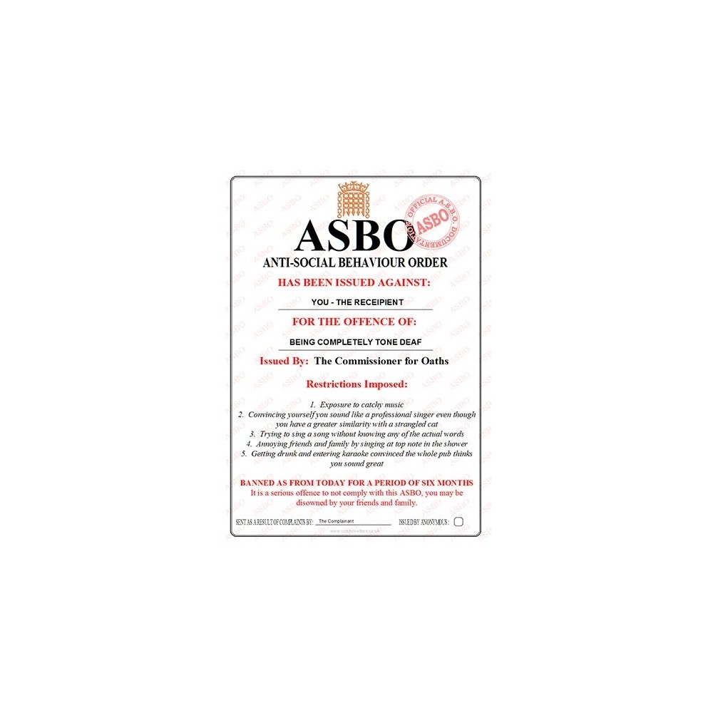 Tone Deaf - Novelty ASBO Certificate