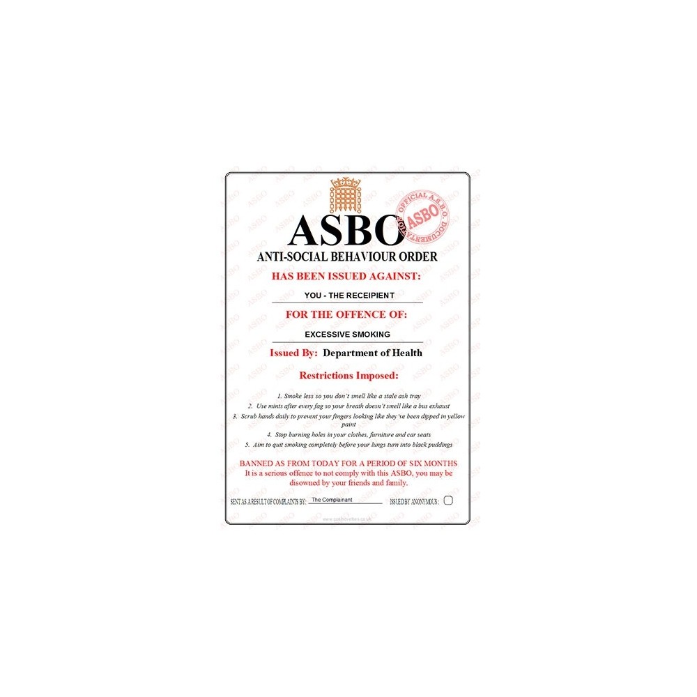 Excessive Smoking - Novelty ASBO Certificate
